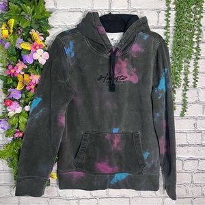 -Hollister Black Acid Wash Tie Dye Hooded Pullover Sweater Size Small
